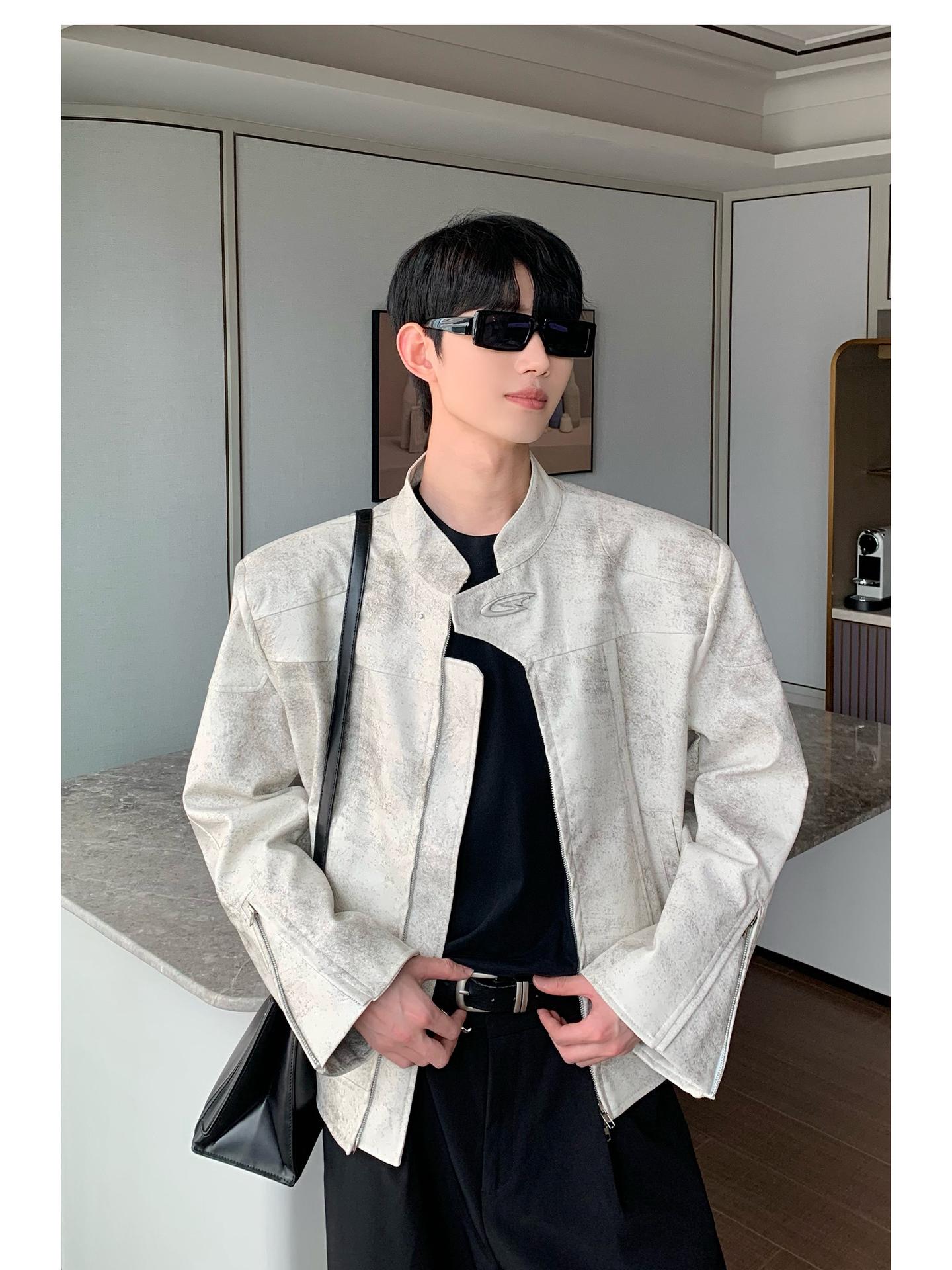 

Мужская кожаная мотоциклетная куртка с воротником-стойкой, весна/осень 2024 года — модная, с подкладкой на плечах, свободный крой, дизайн Flight XL белый