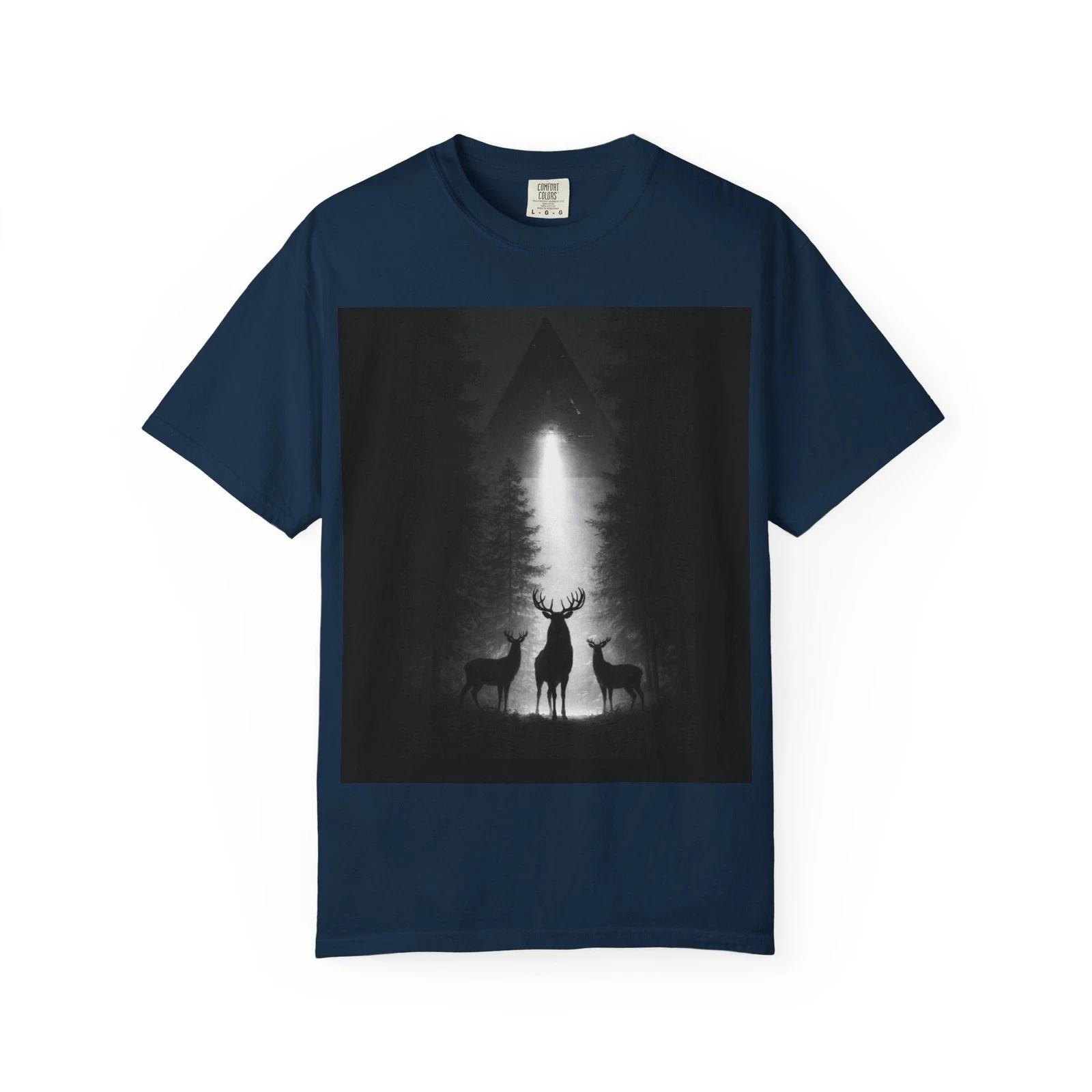 Elk seen by UFO in the forest 100% Cotton T-shirt Mens Tees Top M