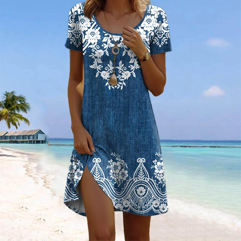Women's Fashion Graceful Retro Flower Print Summer Spring Short Sleeve O-Neck Casual Dresses