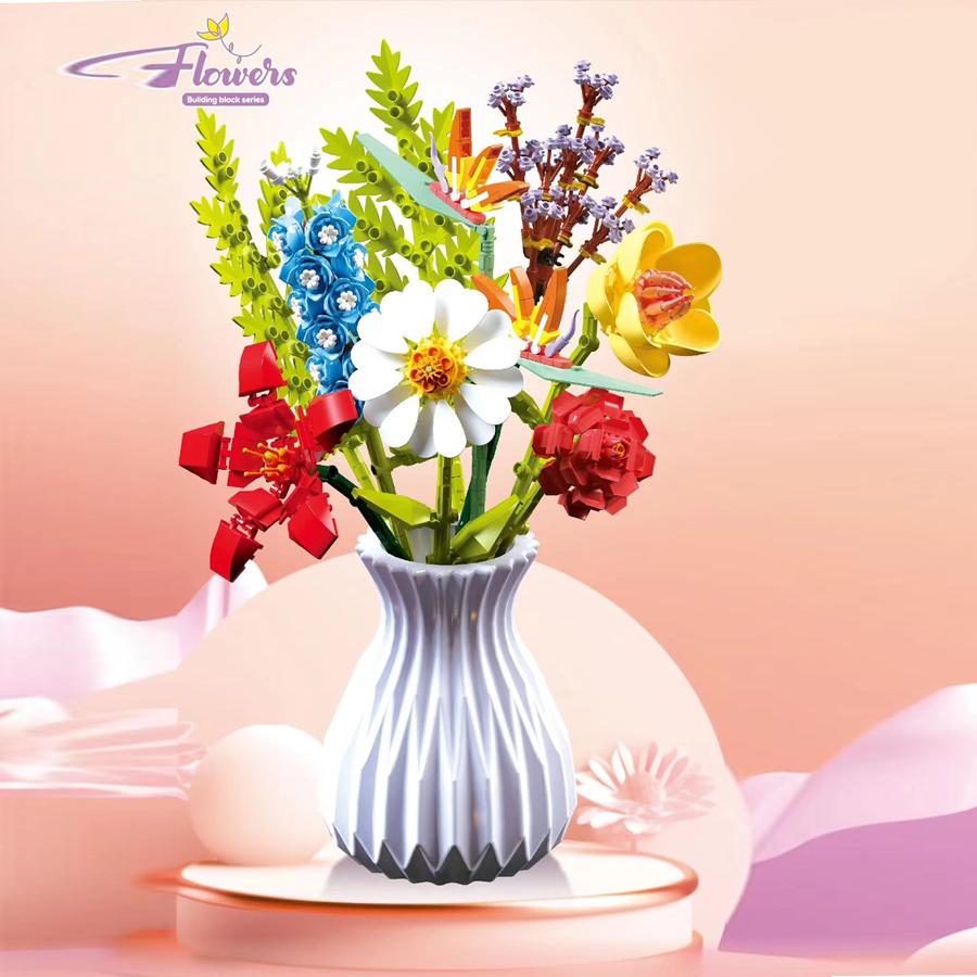 Flower Bouquet Building Blocks Eternal Flower Rose Sunflower Plant Model Bricks Set With Vase DIY Toys For Kids Children Gifts