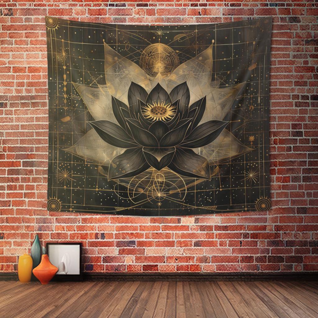 Black Lotus Blossom Indoor Wall Tapestry Dark Occult Design Sacred Geometry Aesthetic Enchanting Bedroom Living and Dorm Roo