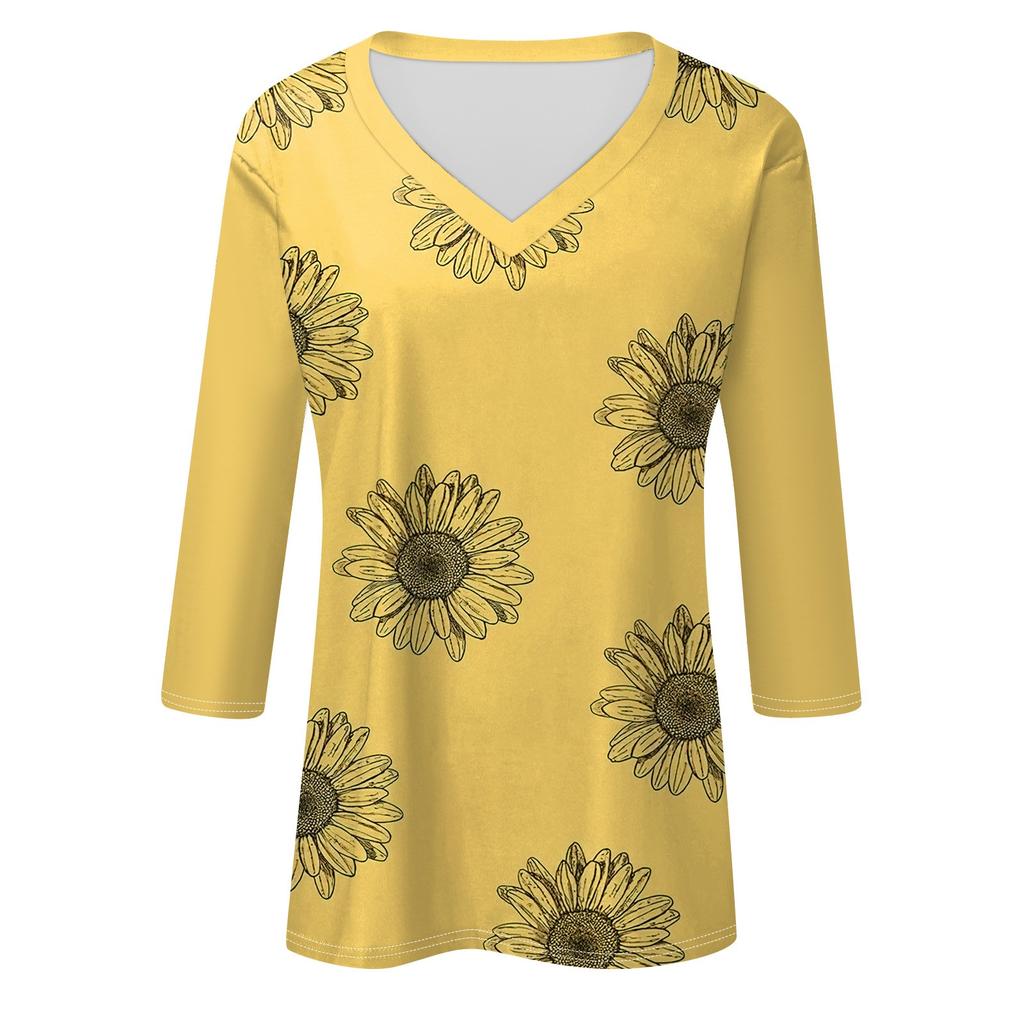 Women's Fashion Casual V Neck 3/4 Sleeve Loose Printed T-Shirt Ladies Top
