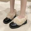 Schaffell-Version~ Dicke Ferse Retro Fluffy Schuhe Damen Kopf Echtleder Ein-Pedal Einzelne Schuhe Winter Samt Warm Kleine Lederschuhe