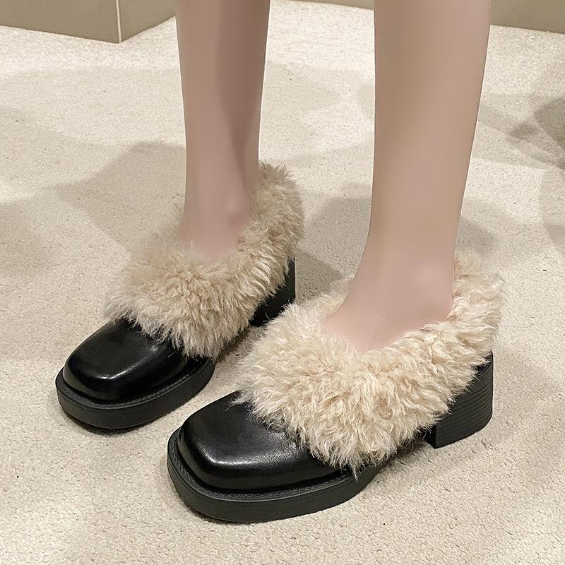 Schaffell-Version~ Dicke Ferse Retro Fluffy Schuhe Damen Kopf Echtleder Ein-Pedal Einzelne Schuhe Winter Samt Warm Kleine Lederschuhe