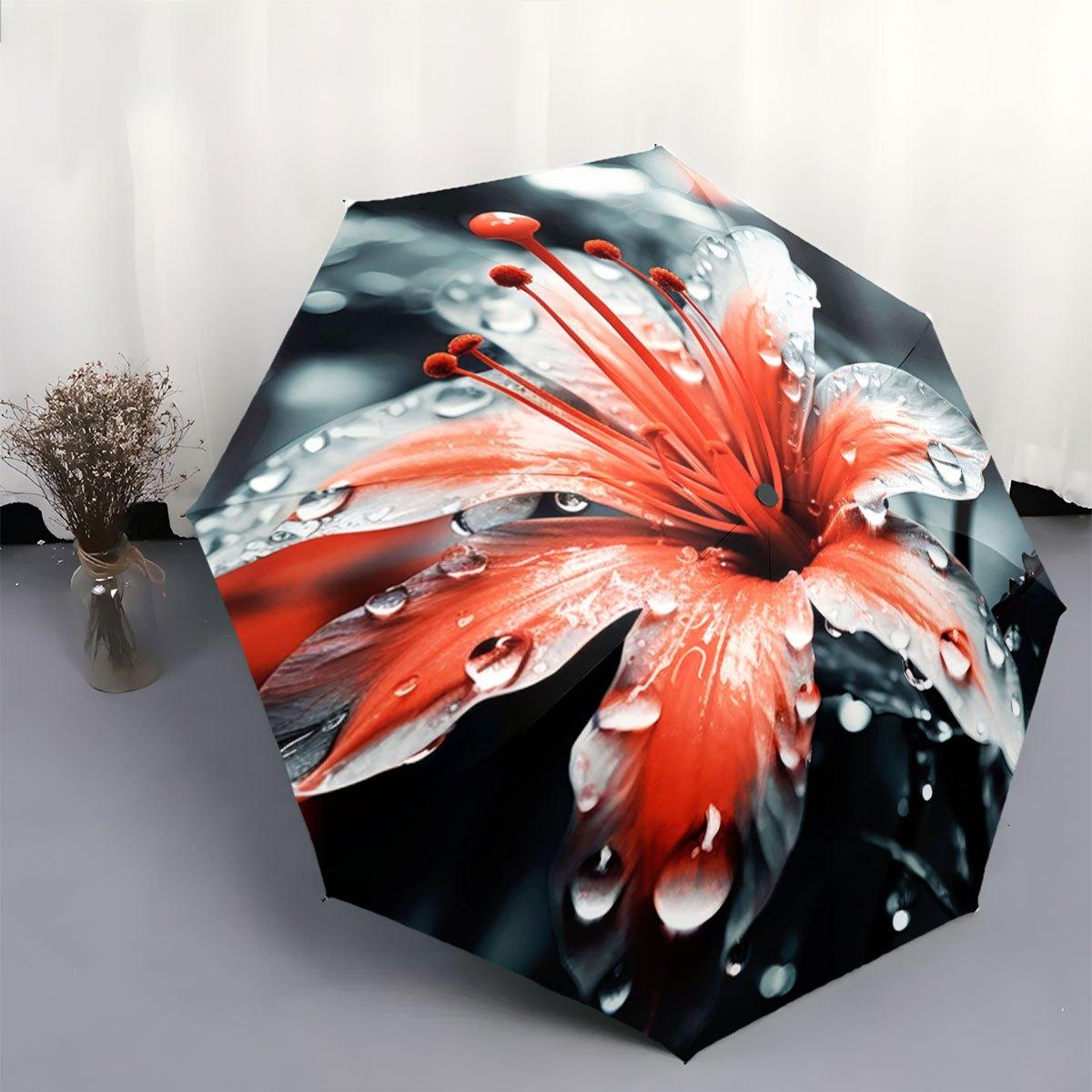 

1pc Open/Close Umbrella with Red Flower & Water Droplet Design - Collapsible Portable Folding/Opening Umbrella, Compact for al Iron&8K