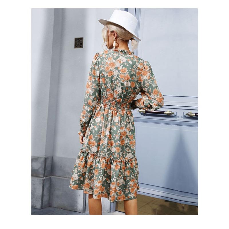 VEZFAA Moda feminina primavera outono flor padrão estampado manga comprida decote em v cintura alta vestidos casuais
