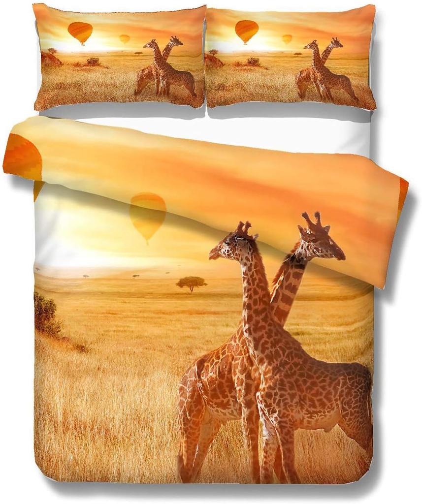 Giraffe Couples Lovers Dating Duvet Cover Sets - Giraffes Balloon At Sunset Bedding Set with Zipper Closure for Kids and Adults