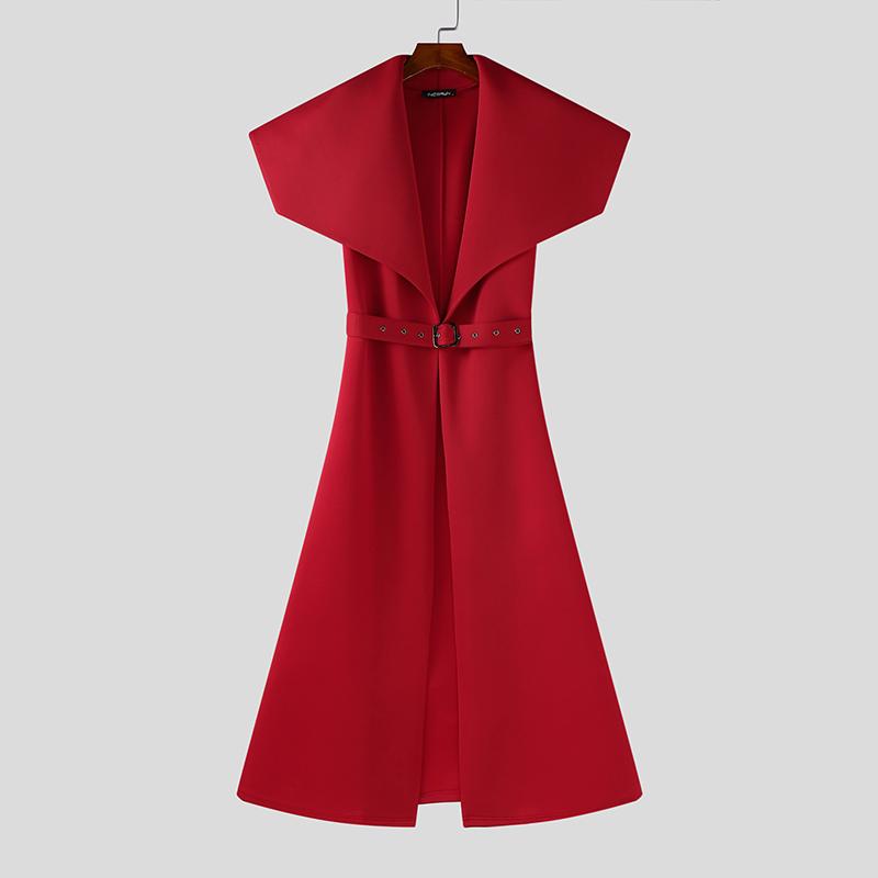 INCERUN Men Big Lapel Neck Long Sleeve Belt Waist Cospaly Open Front Long Tunic Coats