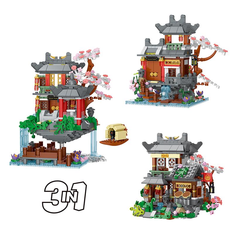 1095Pcs Moc 3 In 1 Outside The World The Peach Garden Retro Street View Construction Model Blocks Children'S Puzzle Toys