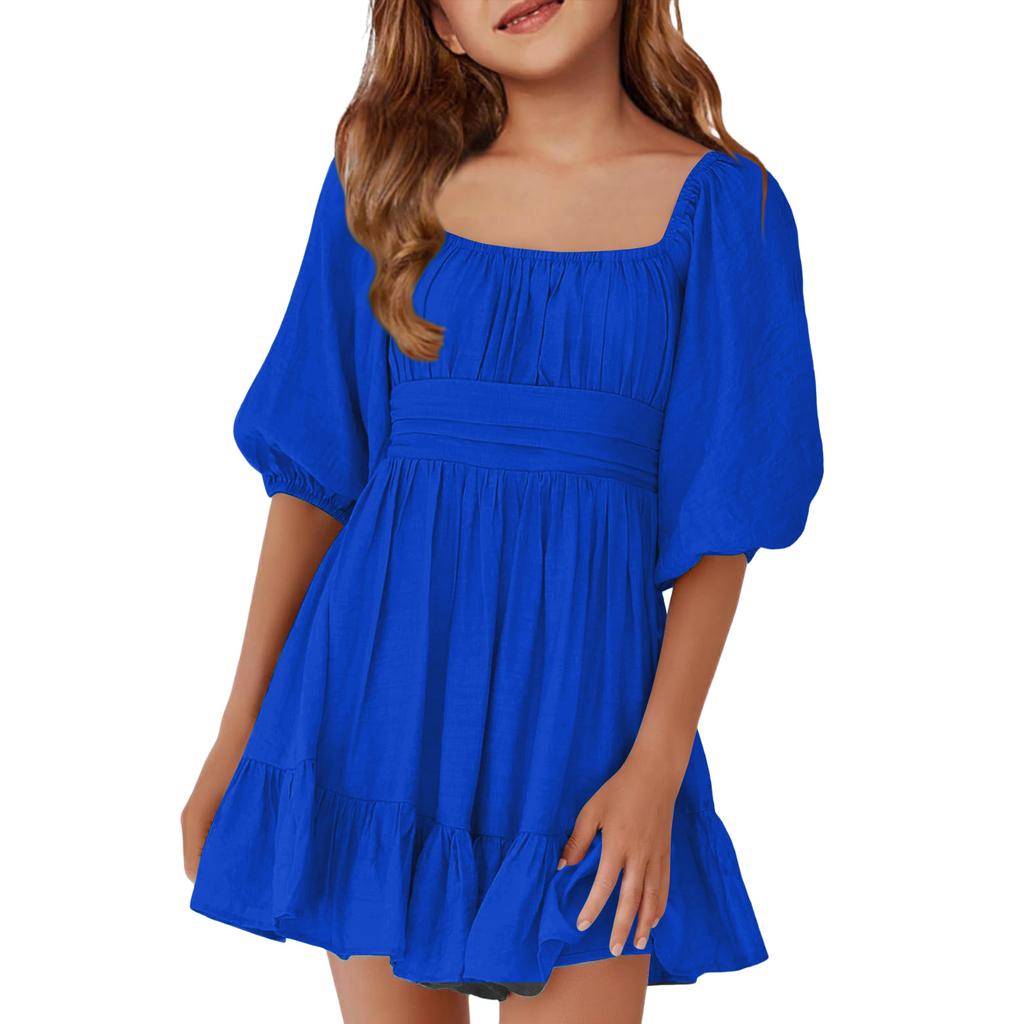Children's Casual Bubble-Sleeve Backless Waist-Tied Bow-Pleated Dress