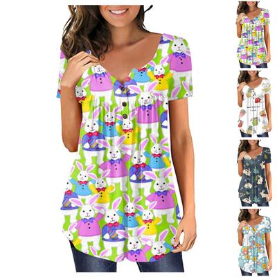 Women's Easter Short Sleeve Tops Loose Tops Casual Oversized Tops Pleated Tops Button Tie Tops Women