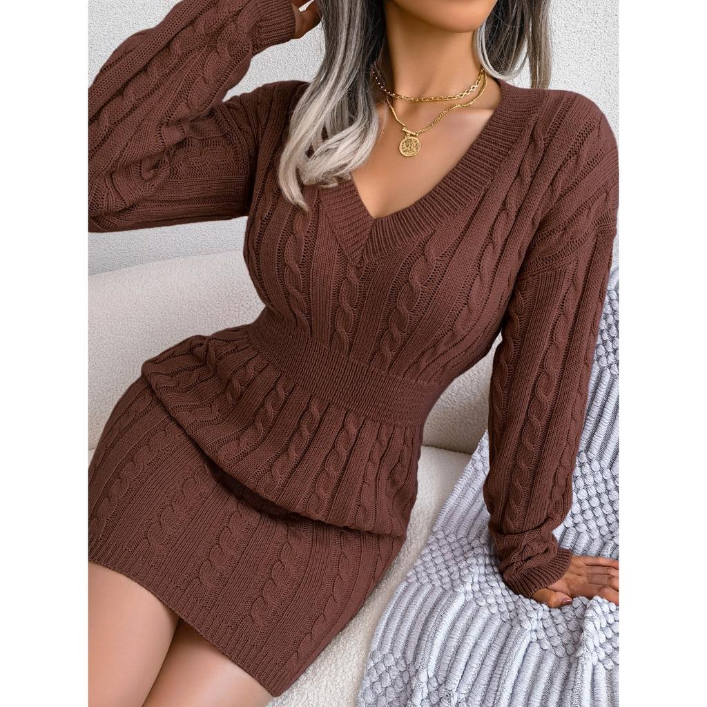 GMXIA Autumn and Winter Fashion Waist-cinching, Twisted Figure-hugging Dresses, Woolen Dresses and Women's Clothing