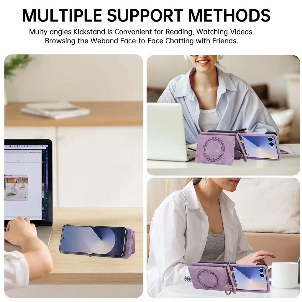 For Samsung Galaxy Z Flip 7 Fe 6 5 4 3 Leather Magnetic Wallet Phone Case with Card Holder Lanyard Ring Holder