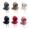 Hooded Scarf Hat Solid Color Adjustable Drawstring Pullover Hat Buttons Closure Knitted Winter Hat Loose Fit Neck Gaiter