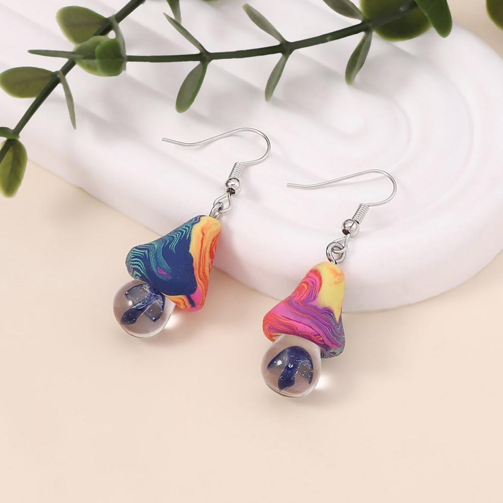 New soft pottery shiitake mushroom glazed beads cute personalized earrings, transparent simulated colored mushroom ear hooks