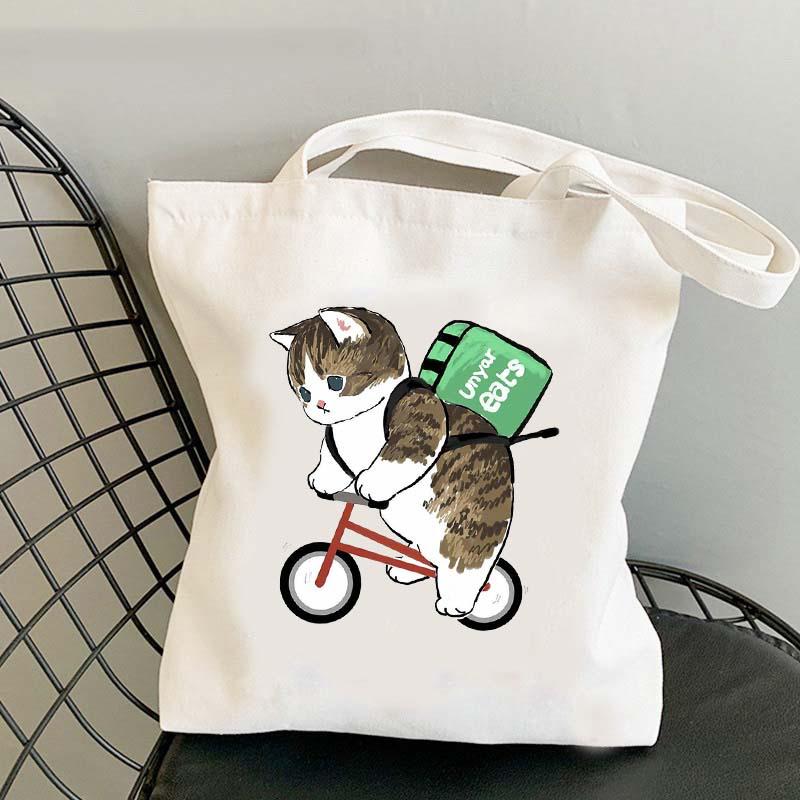 Whimsical Cat On Bicycle Canvas Shoulder Tote - Cute Print for Students and Shopping