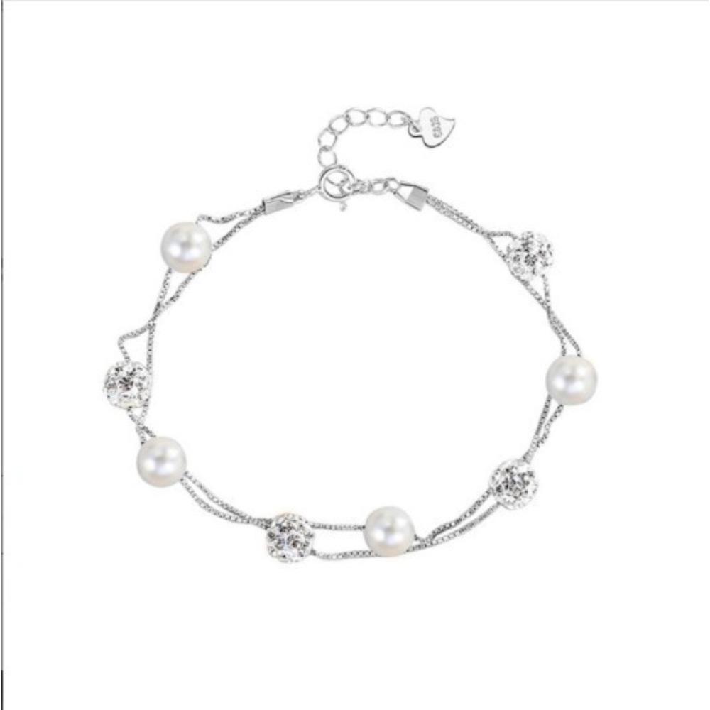 S925 pure silver French double-layer zircon Shambhala ball pearl natural freshwater pearl bracelet 925 silver