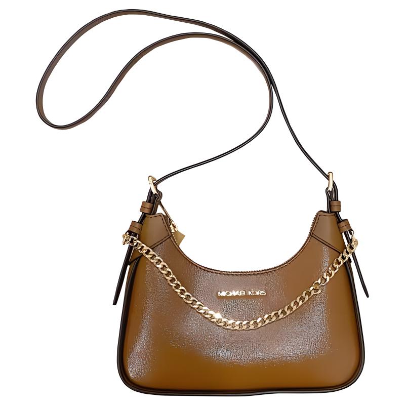Michael Kors Wilma Minimalist Solid Color Logo Chain Zip Closure Leather Shoulder Bag Women Shoulder Bag Olive-Brown 35H3G3WC5L-LUGGAGE