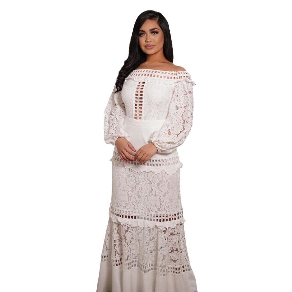 Spring And Summer New European And American Women'S Lace Dress One-Word Shoulder Lotus Leaf Wedding Dress Evening Dress Banquet Dress