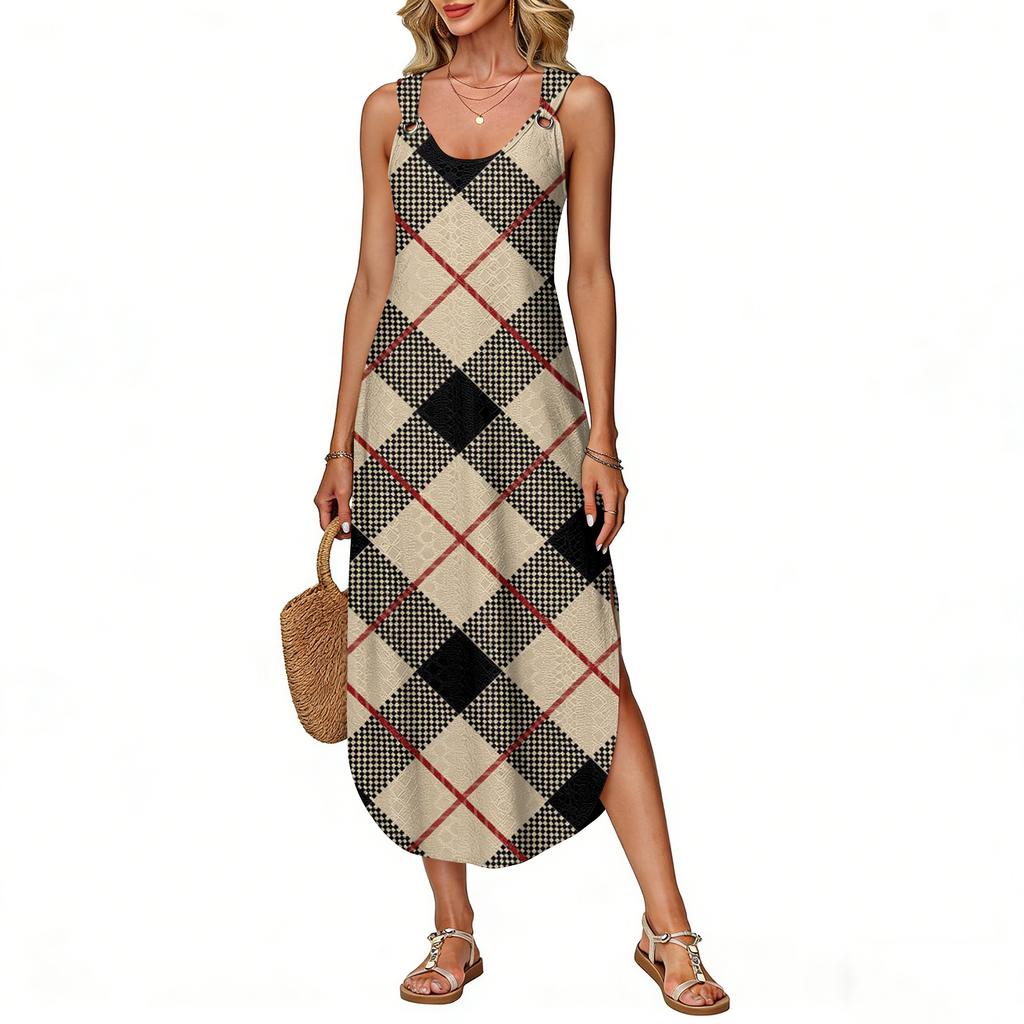 Women's Summer Long Dress, Sleeveless with Side Slits, Long Plaid Printed Vest Dress