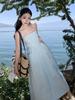 Elegant French-Style Sexy Backless Blue Spaghetti Strap A-line Beach Dress for Women