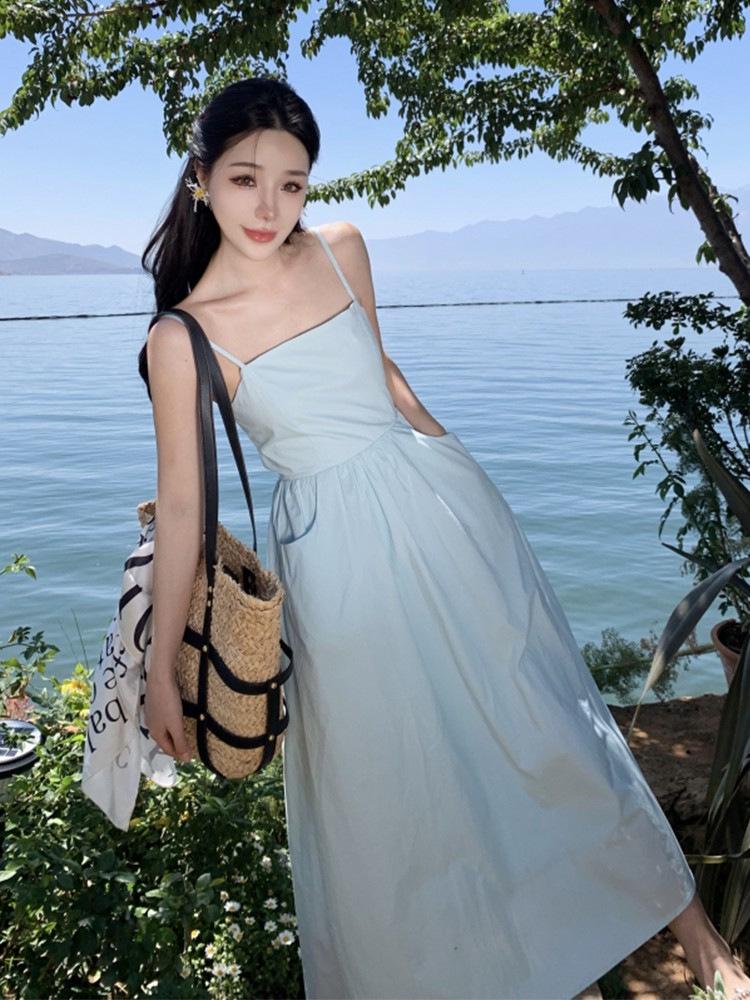 Elegant French-Style Sexy Backless Blue Spaghetti Strap A-line Beach Dress for Women