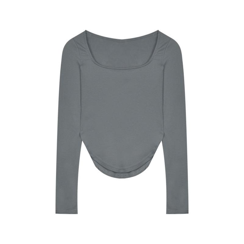 Autumn New U Collar Solid Color Sexy Low Collar Irregular Slim Long Sleeve T-shirt Women with A Base Shirt Top