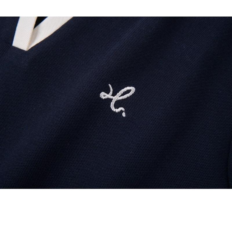 Casualowy T-shirt z kontrastowym kołnierzykiem polo, luźny, jesienny, z haftem, modny, z długim rękawem, kontrastowy top bazowy dla kobiet, T-shirty damskie