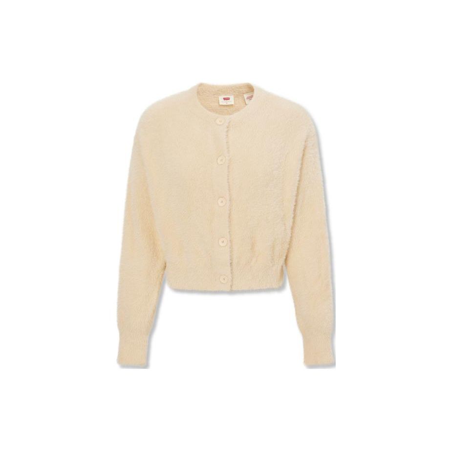 Levis Solid Fashion Round Neck Short Cardigan Long Sleeve Knit Top Women Tops Beige A3235-0007