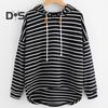 Women Autumn Hoodie Striped Print Contrast Color Drawstring Irregular Hem Long Sleeve Hooded Loose Pullover Casual Soft Lady Spring Sweatshirt
