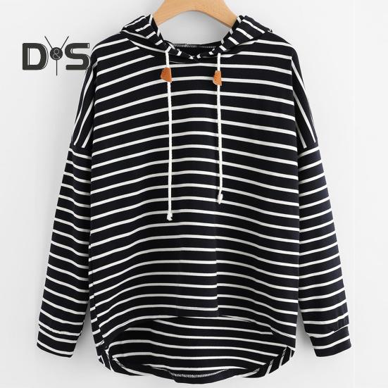 Women Autumn Hoodie Striped Print Contrast Color Drawstring Irregular Hem Long Sleeve Hooded Loose Pullover Casual Soft Lady Spring Sweatshirt