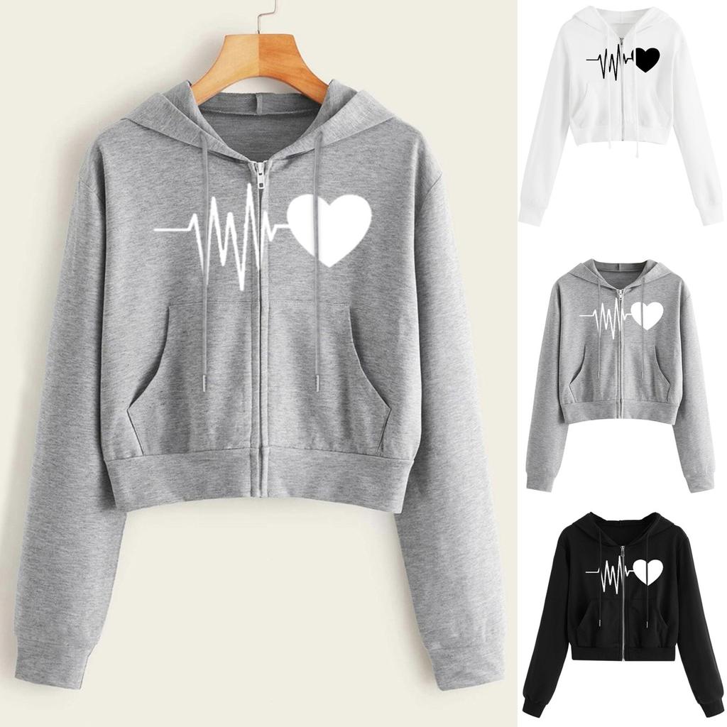 Women Heartbeat Print Long Sleeve Zipper Pocket Shirt Hooded Sweatshirt Tops
