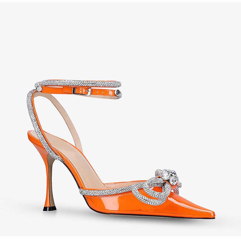 Runway-Stil Glitzer Strass Damen Pumps Kristall Schleife Satin Sommer Damenschuhe Echtes Leder High Heels Party Prom Schuhe