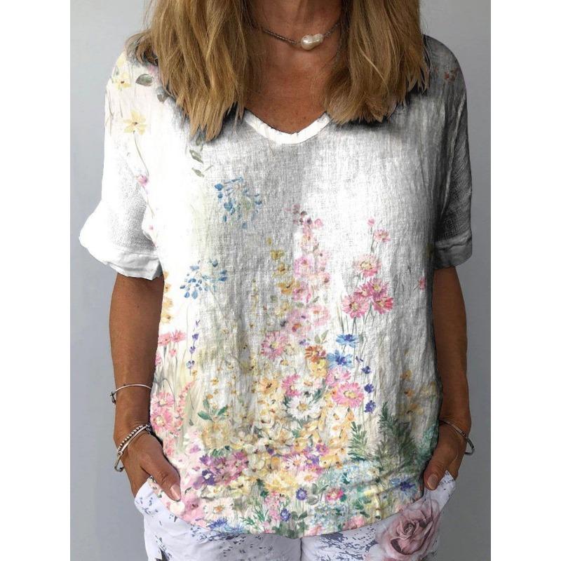 Summer V-neck 3D Flower Printed Top Fashionable Casual Short Sleeved Women's T-shirts