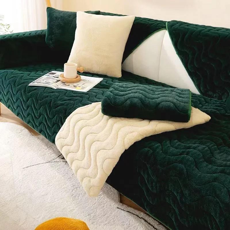 Super Soft Rabbit Plush Quilted Sofa Towel Winter Warm Thick Plush Couch Cover L-shaped Sectional Anti-slip Sofa Cover