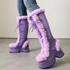 Women's Lavender Platform Knee-High Boots | Fuzzy Accent, Sweet & Edgy Essential Fashion Footwear