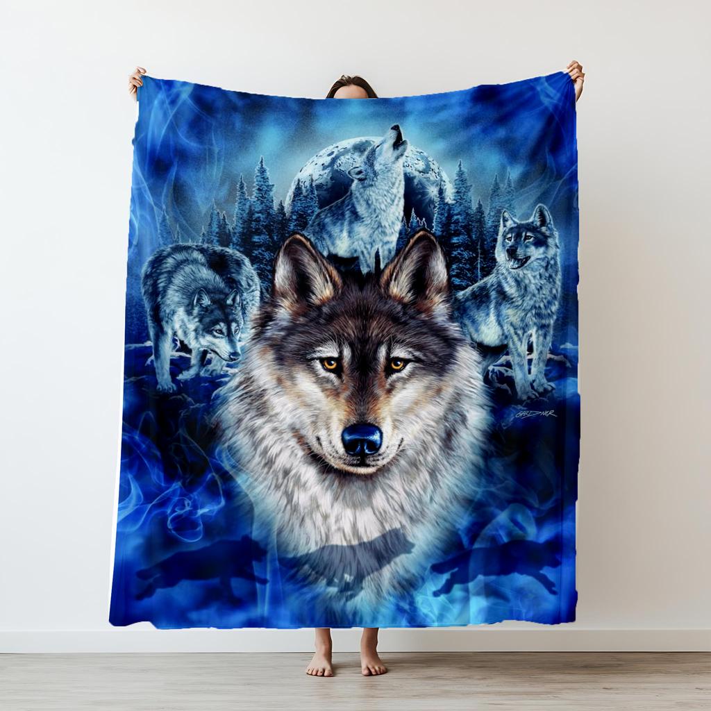 130×150cm Wolf Flannel Thin Fashion Blanket Plush Nap Sofa rug for Living Room Office Bedroom Birthday Home Travel couple Gifts