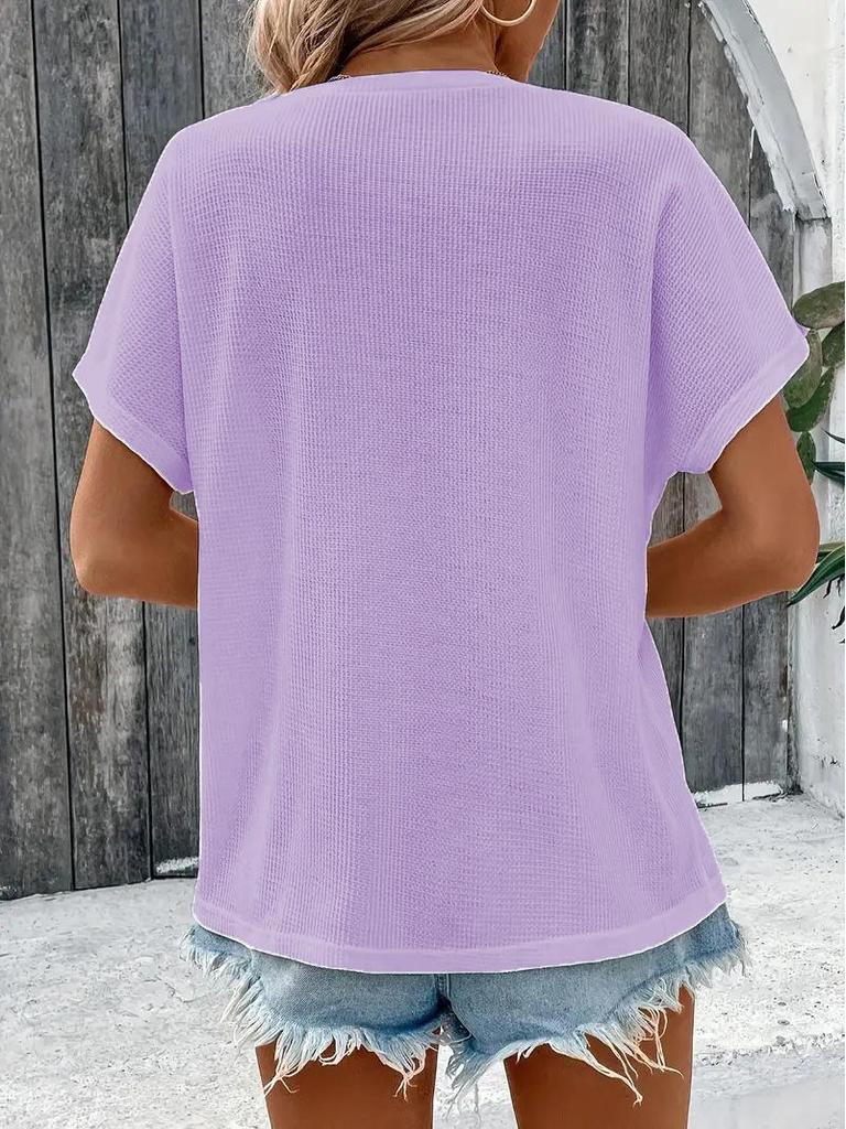 Frühling/Sommer 2025 Damen Plus Size Knopf Kurzarm T-Shirt - Europäischer/Amerikanischer Stil, Einfarbige Mode