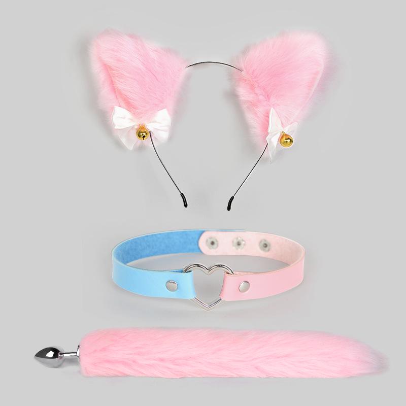 Bondage Katzenanzug mit Schwanz Analplug, Halsband & Knebel
