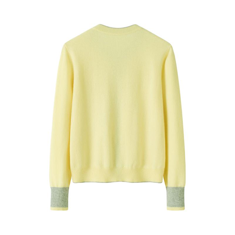 Women's Pure Cashmere Color Block Knit Cardigan - Button-Up, Round Neck, Versatile for Autumn and Winter.