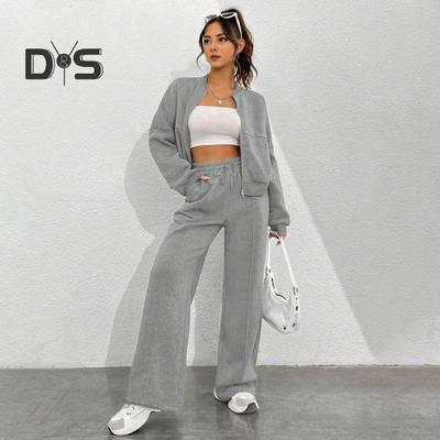 2 Pcs/Set Women Coat Pants Set Stand Collar Long Sleeve Zip-up Elastic Cuff Jacket Drawstring Stretchy High Waist Wide Leg Trousers Sport Fitness