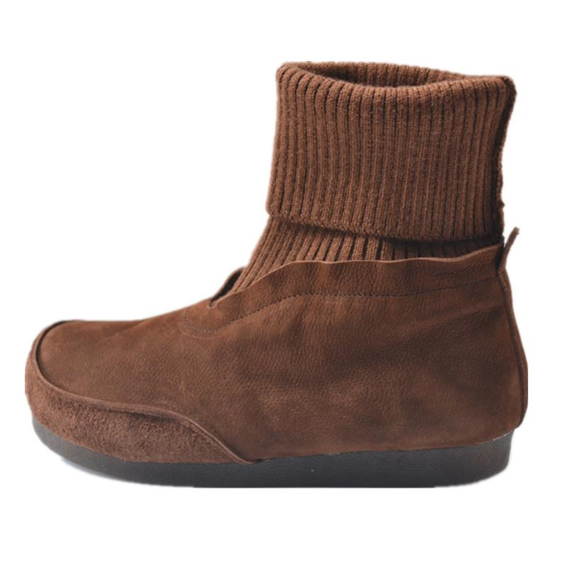 Fashion Vintage Women's Boots Flat Cowhide Ankle Boots Ankle Boots Socks Elastic Shoes