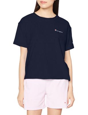 Kurzes Crew Relax Gesticktes Script Kurzarm L T-Shirt, Ärmel, Hals, Passform, Logo, T-Shirt, Damen Basic, CW-X341, Marineblau,