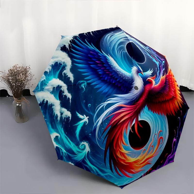 1pc Yin Yang Phoenix Automatic Umbrella Design, Cute Cartoon Pattern, Portable Outdoor Umbrella, Perfect R037