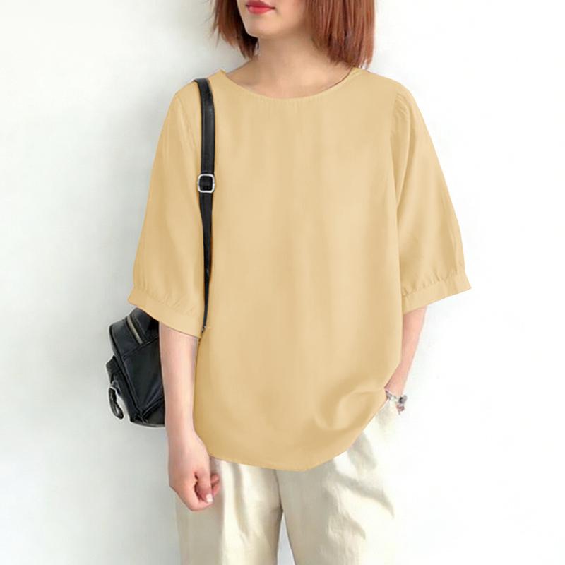 ZANZEA Women Casual Crew Neck Solid Color Loose Half Sleeve Blouse