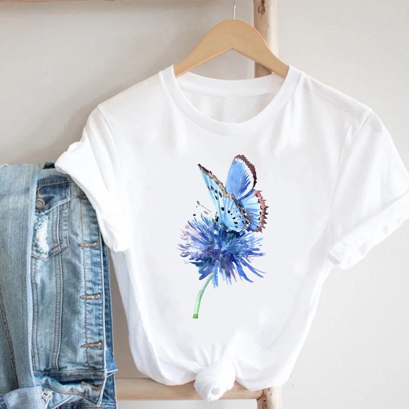 T-shirt Top Imprimé Libellule Fleur pour Femme Vêtement Mode d'Été T-shirt Décontracté Manches Courtes pour Dame Femme T-shirt Graphique