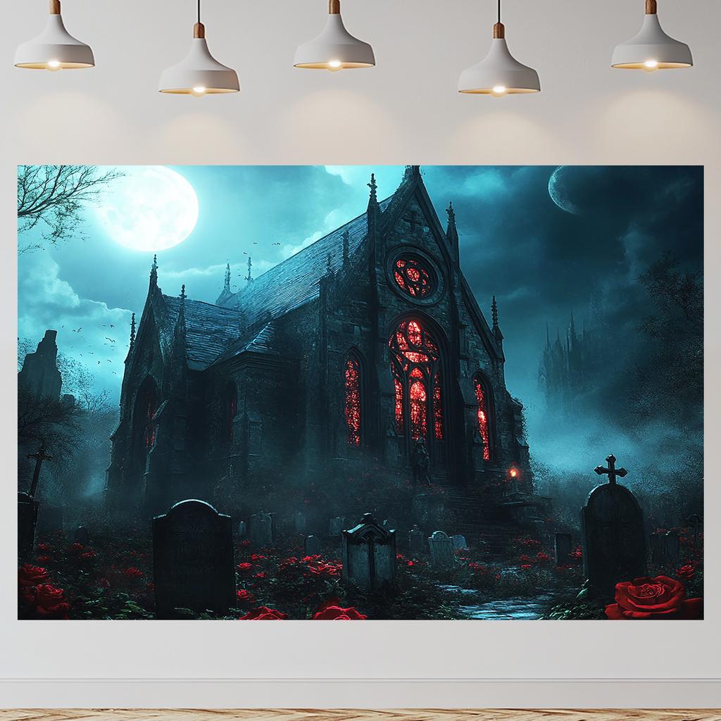 1pc Halloween Gothic cemetery fabric with red windows and ivy lightweight and breathable polyester fiber ghost party decoration