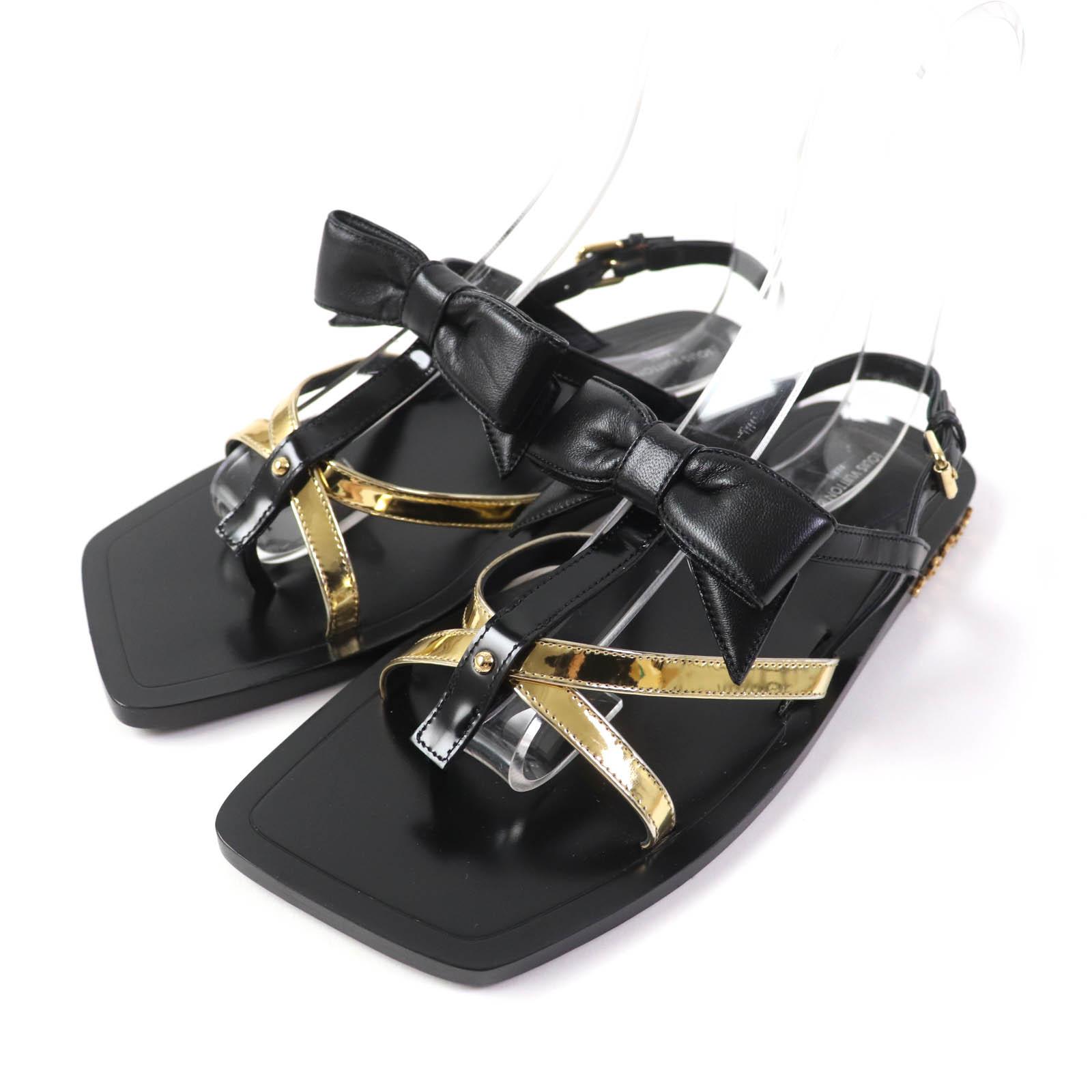 Excellent LOUIS VUITTON Sandals Monogram Metal Ribbon Design leather Women 36.5 Used