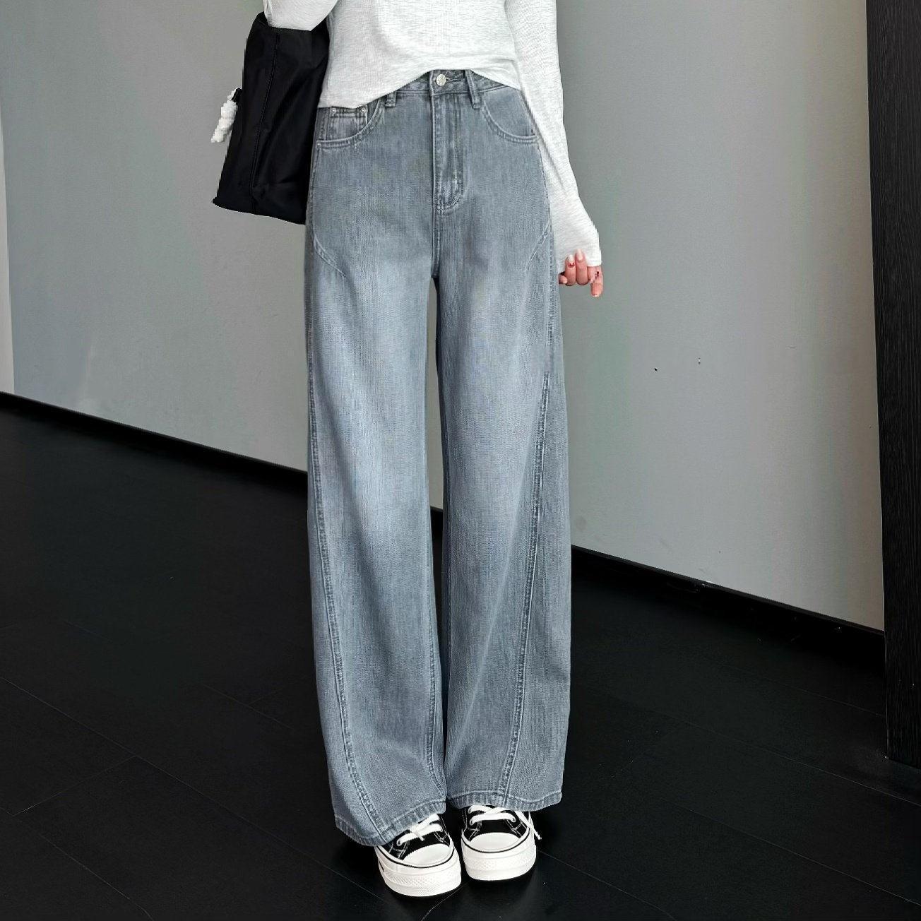 

Elegant Mid-High Waist Wide-Leg Jeans - 3D Cut Tencel & Cotton with a Small Houndstooth Pattern for a Slimming Look. XXL