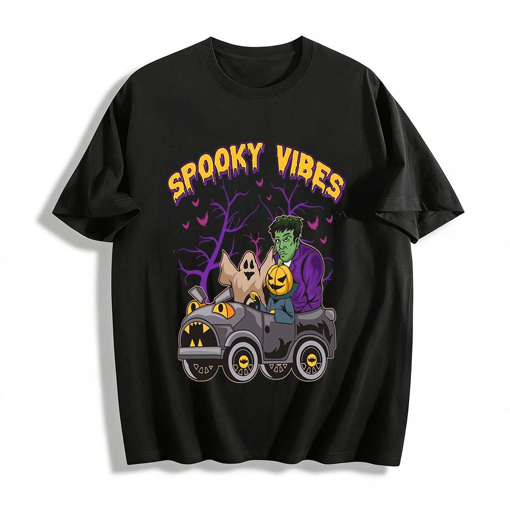 

Halloween Spooky Ghost Frankenstein Pumpkin Driving Print Top Pure cotton T-shirt XXS